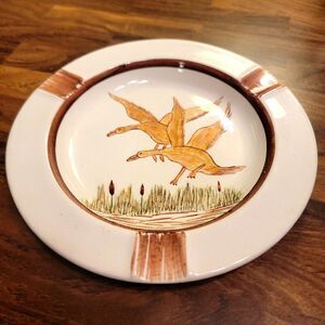 Vintage Ceramic Ashtray Geese Folkart Design 8"